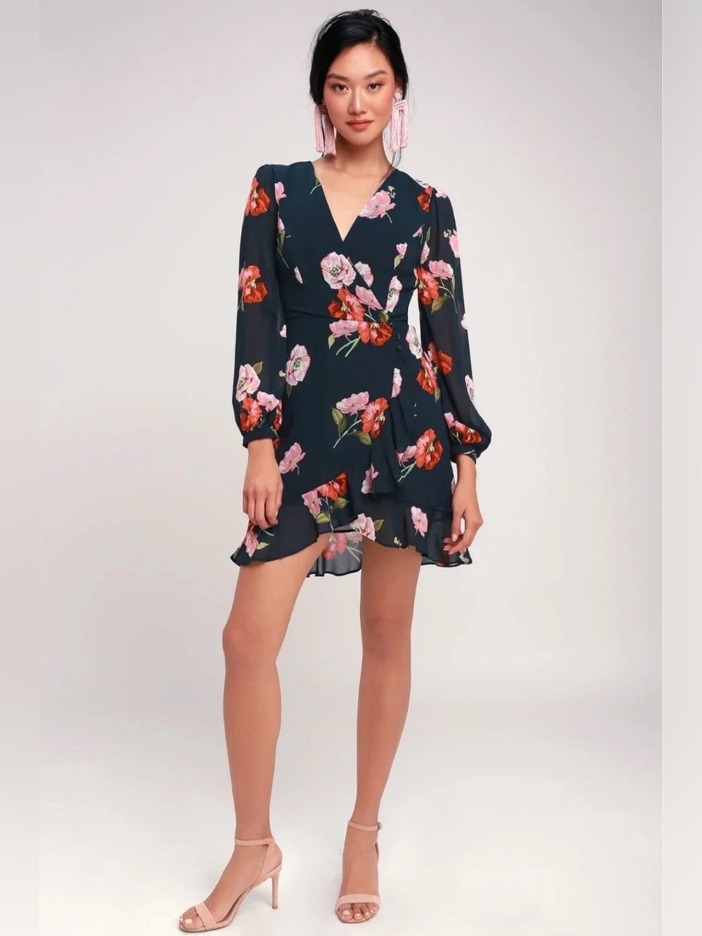 Lulus Navy Blue Floral Wrap V-Neck Long-Sleeve Mini Dress size S